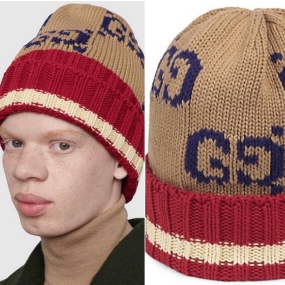 Gucci Other - Gucci GG Monogram Dark Beige Red Cotton Beenie